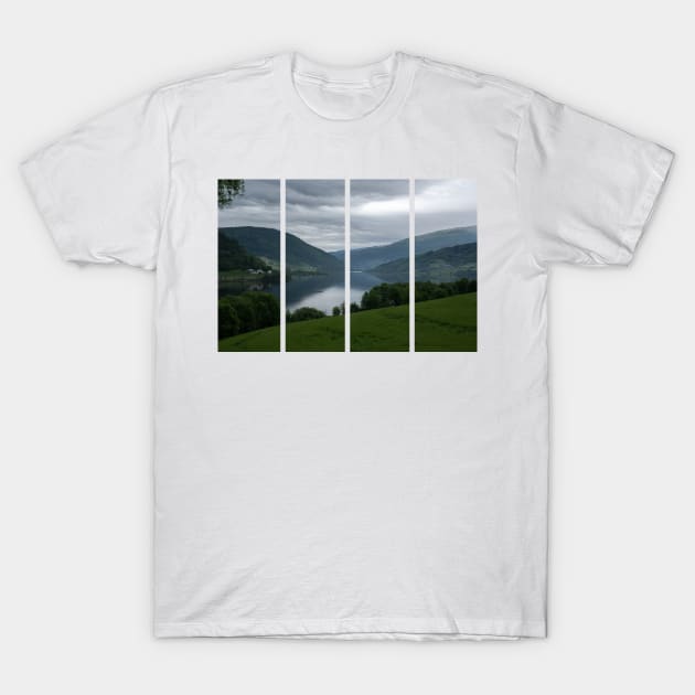 Wonderful landscapes in Norway. Vestland. Beautiful scenery of Vangsvatnet lake from the village of Bulken. Mountains, trees in background. Rainy day T-Shirt by fabbroni-art